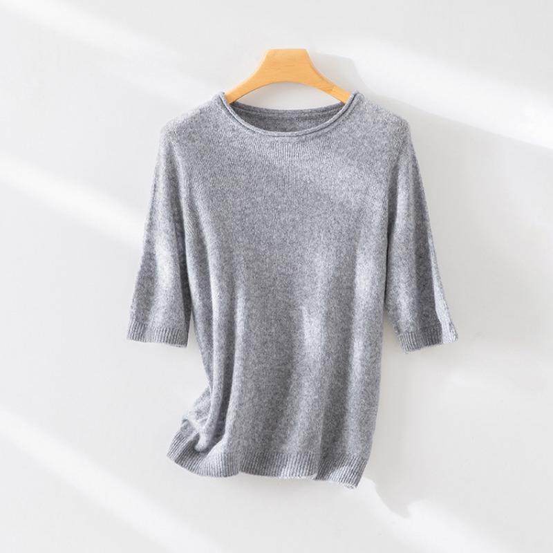

Женский осенний трикотажный свитер с короткими рукавами из смесовой тенселовой шерсти, однотонный, с круглым вырезом. S