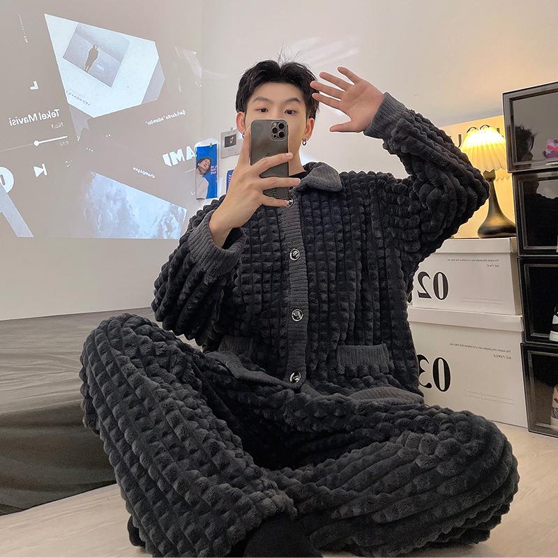 Men's V-Neck Cardigan Flannel Pajama Set - Coral Fleece, Thick, Korean Style, Large Size, 2023 Autumn/Winter