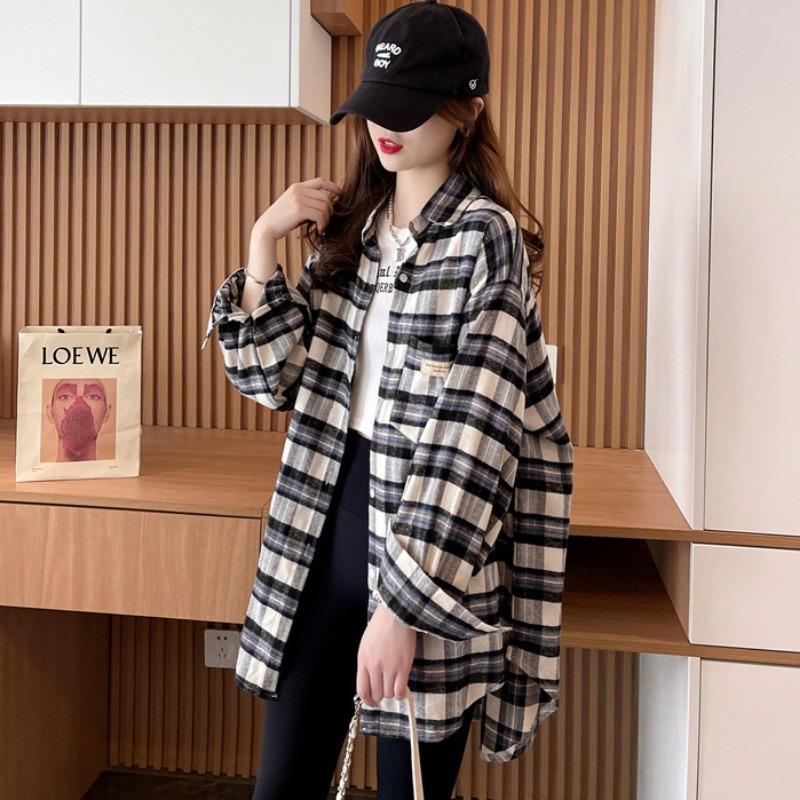 Wiosna Jesień Vintage Krata Nadruk Luźny Casual Kardigan Bluzka Kobiety Długi Rękaw Golf Zapinana na Guziki Koszula Top