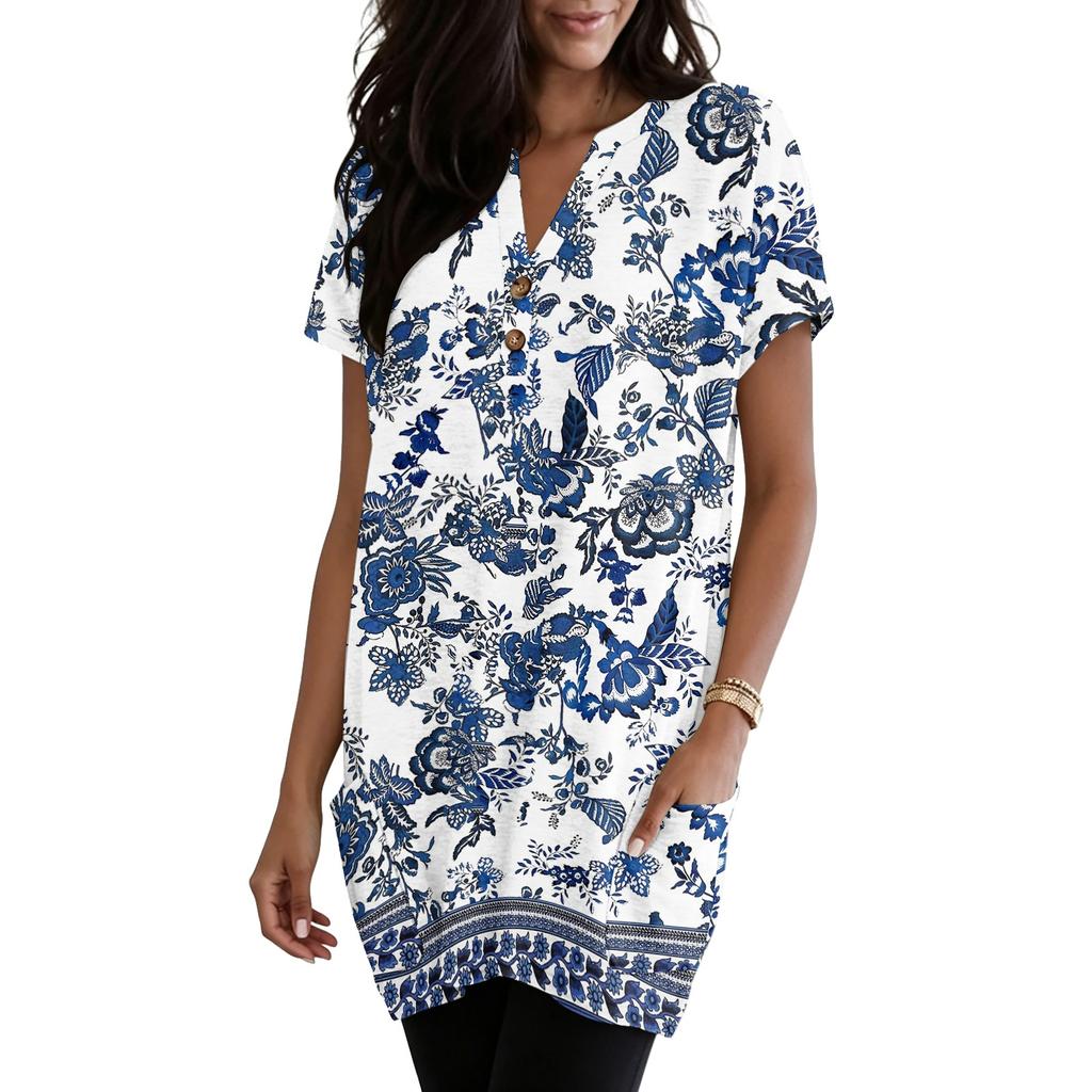 Women's V-Neck Vintage Floral Print Short Sleeve Pullover Top with Pocket