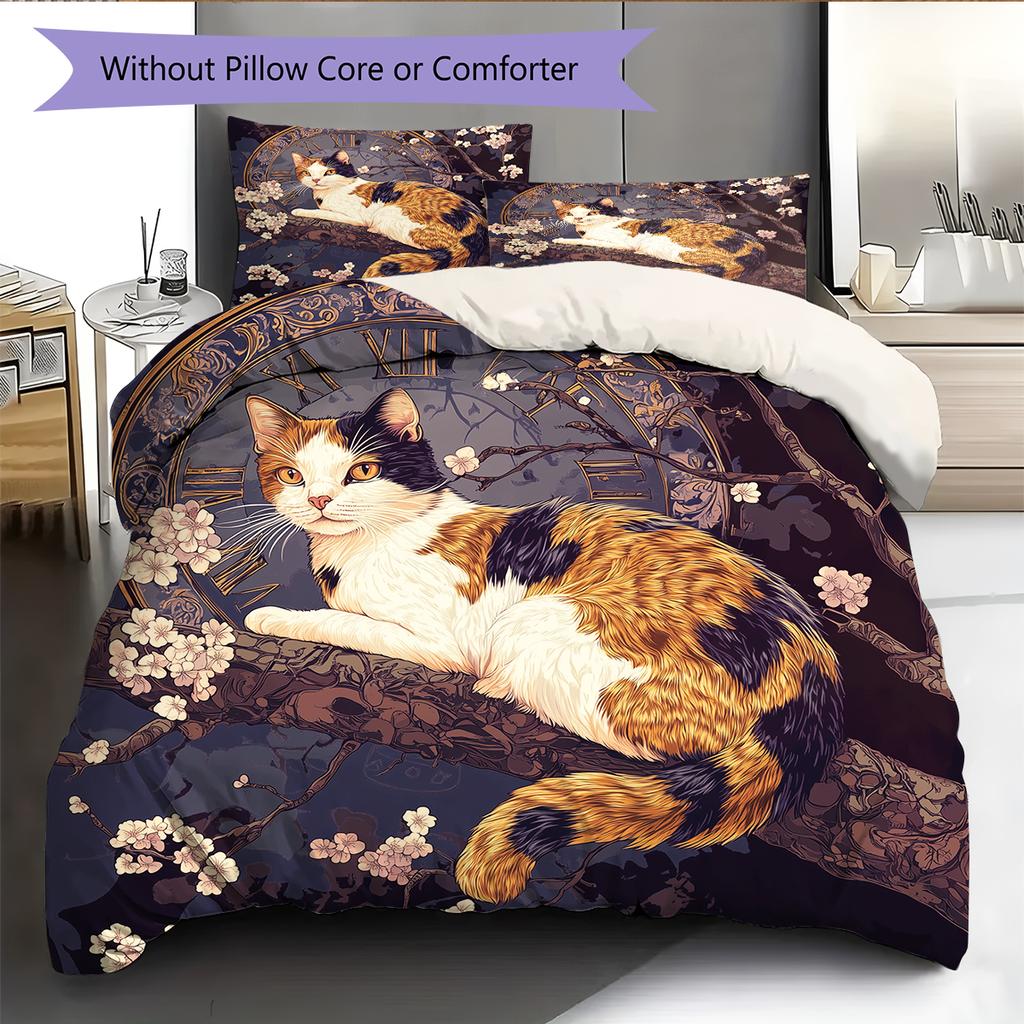 Calico Cat and Fresh Flowers Pattern Bedding Home Decoration Birthday Gift (1 * Duvet Cover + 2 * Pillowcase, Without Core)