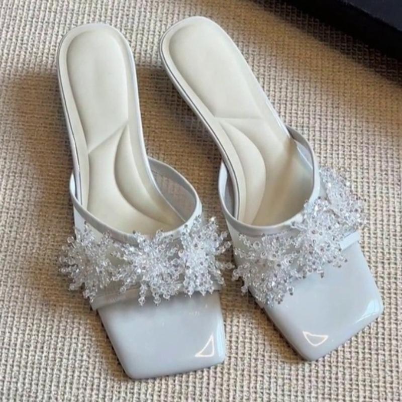 Fashion Square Toe Mesh Beautiful Slippers for Women Summer Outside Wear with Skirt New Rhinestone Flower Block Heel High Heels