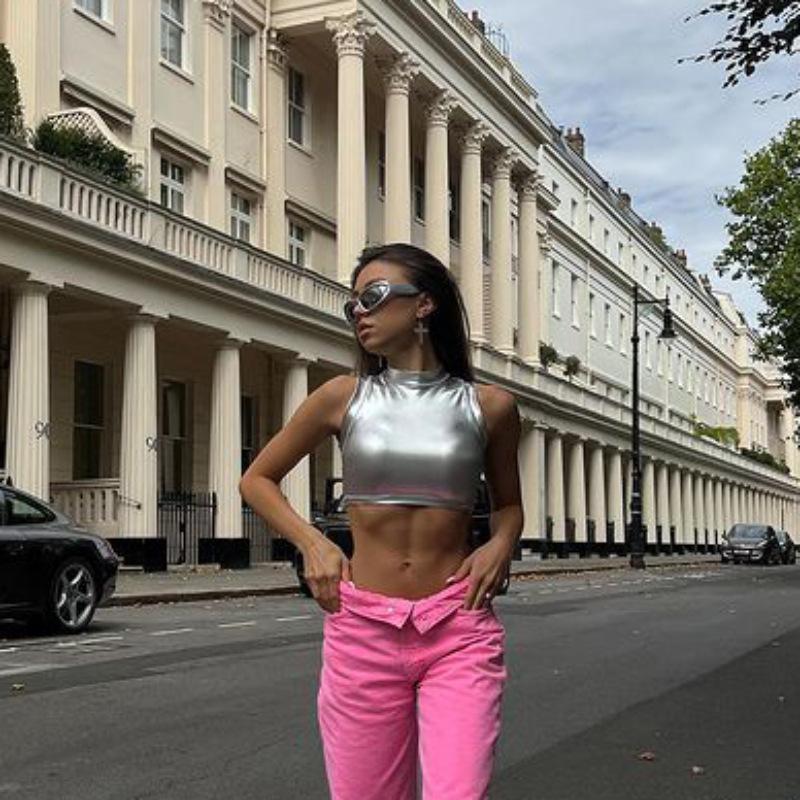 

Серебряная футболка, женские топы, новинка 2022 года, лето, новинка из искусственной кожи, тонкий тонкий сценический костюм с высоким воротником, женский жилет без рукавов XL серебряный