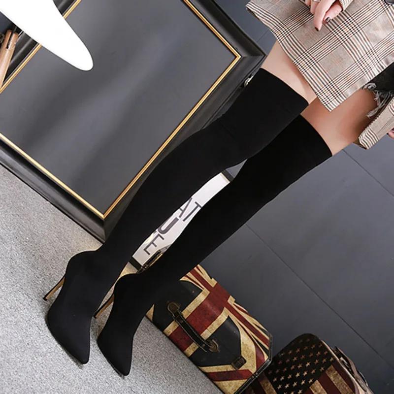 Fashion Sexy Stretch Fabric Thigh High Boots Womens High Heels Shoes Black Pointed Toe Over-the-Knee Boot  Pole Dancing Ladies Shoe