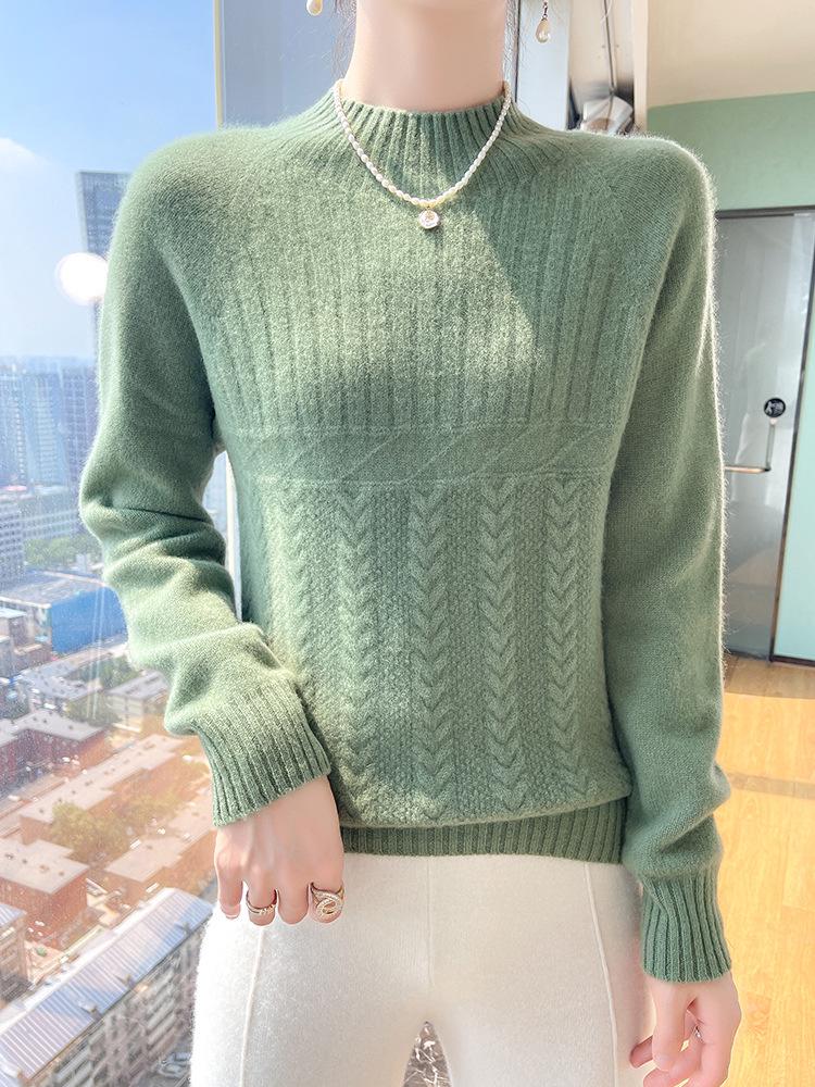 Women's 100% Pure Wool Thick High-Neck Cable Knit Sweater