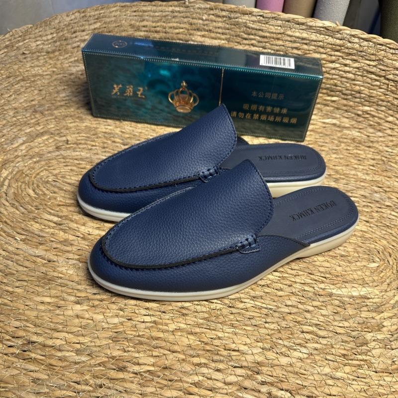 New lychee pattern cowhide leather men's shoes flat-bottomed bag head slippers men's flat-bottomed outer wear one and a half slippers
