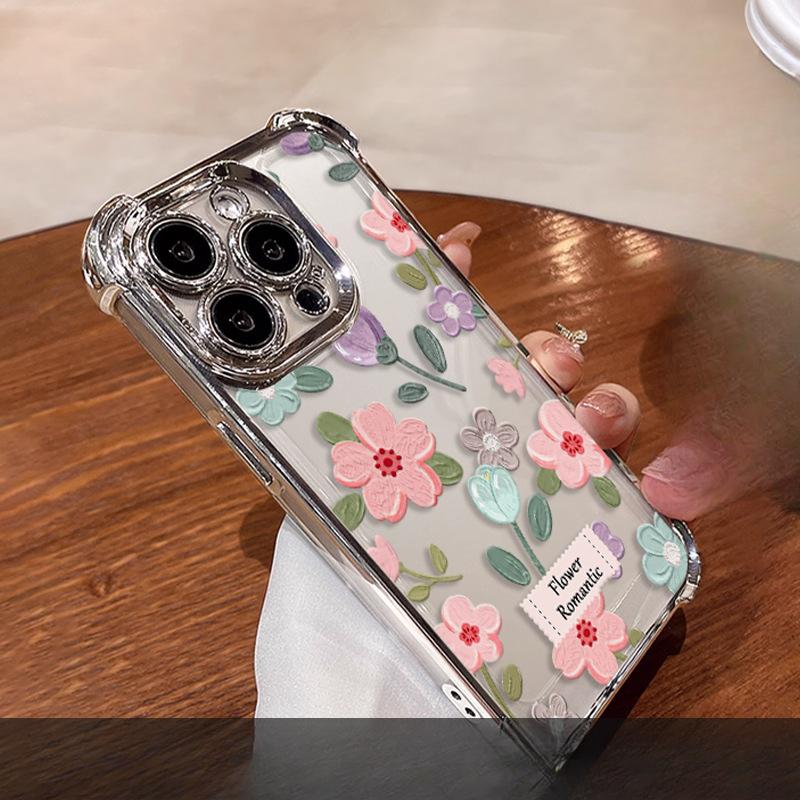 Ins Oil Painting Flowers Suitable for Apple 16e Mobile Phone Case Iphone15promax Electroplating 14 Anti-fall 13 High-end Sense