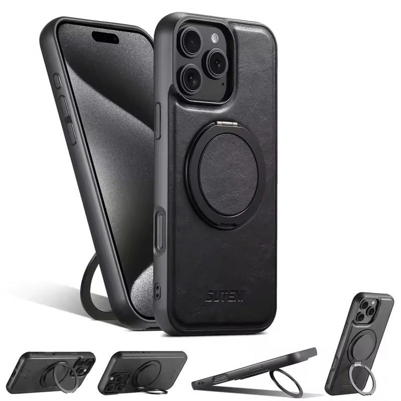 

Сильный магнитный совместимый чехол MagSafe для беспроводной зарядки с вращающимся на 360° кольцом-подставкой из искусственной кожи для iPhone 16 15 14 13 12 Pro Max Plus iPhone 14 Pro чёрный