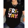 European Size Womens Fri-Yay Graphic T Shirt Black Colorful Print Lightweight Polyester Round Neck Durable Comfortable Fit Casual Daily Wear Friends