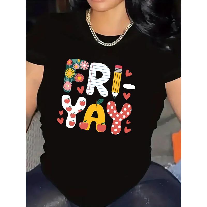 

European Size Womens Fri-Yay Graphic T Shirt Black Colorful Print Lightweight Polyester Round Neck Durable Comfortable Fit Casual Daily Wear Friends 4XL
