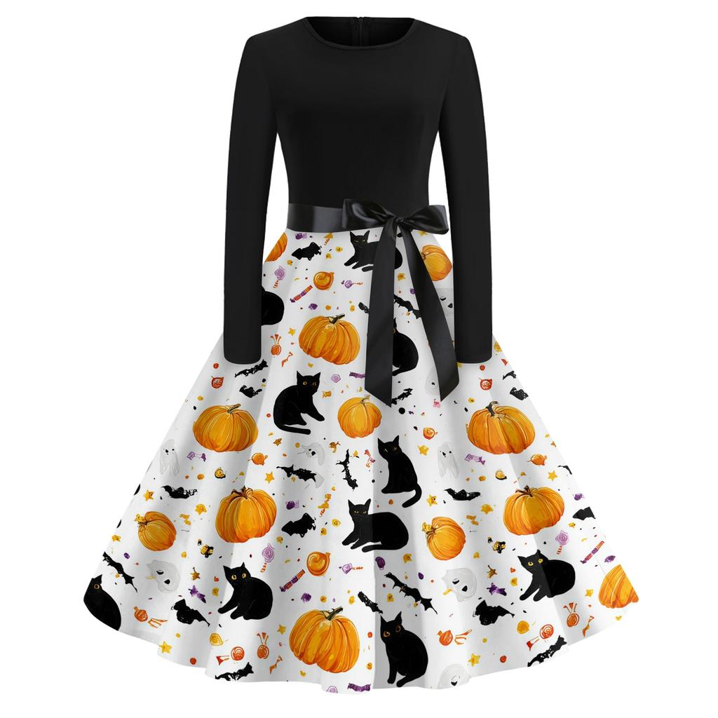 Womens Casual Halloween Print Vintage Style Dress Long Sleeve Round Neck A-Line Skirt Midi Length with Ribbon Waist Tie