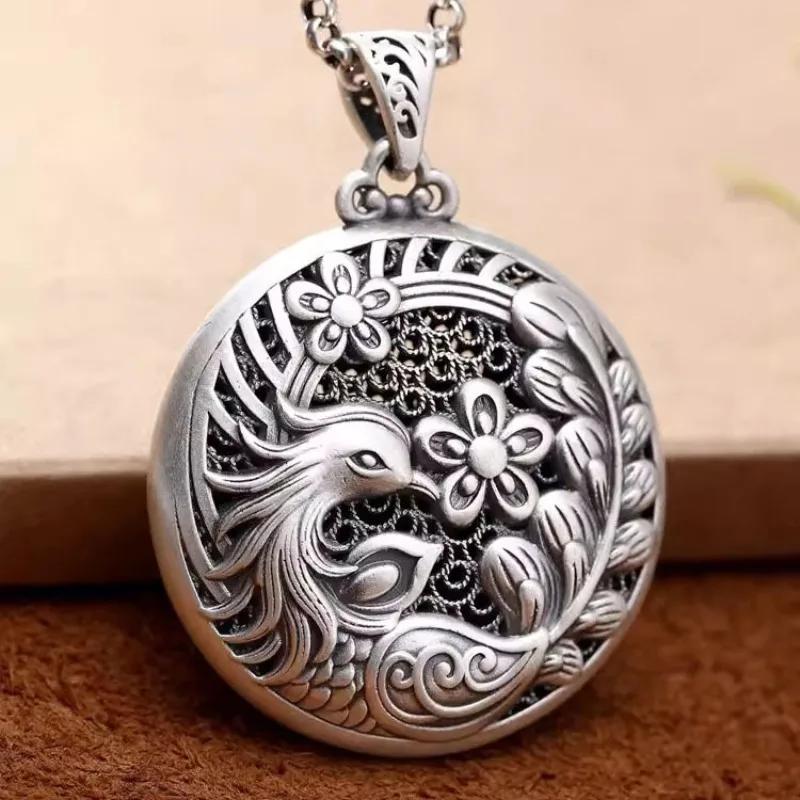 Classic Glossy Phoenix Flower Pendant Vintage Hollow Out Design Round Chinese Style Necklace For Women   Jewelry