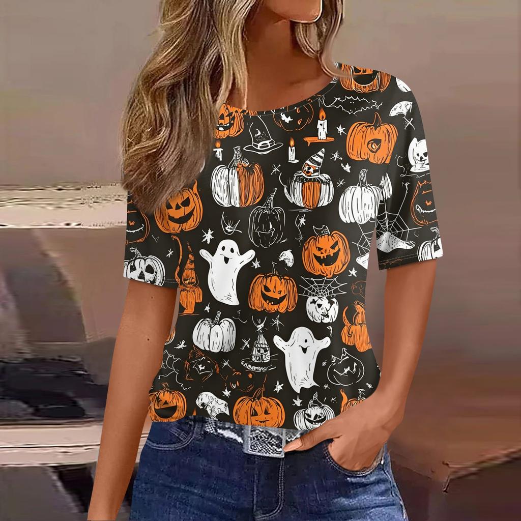 Women's Casual Short Sleeve Pullover Top Halloween Pumpkin Bat Print Round Neck Fashionable Relaxed Fit Shirt for Everyday Wear