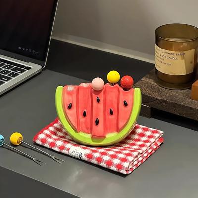 Stainless Steel Fruit Forks Dessert Forks with Watermelon Design Includes Ceramic Storage Box for Home Decor Kitchen Party