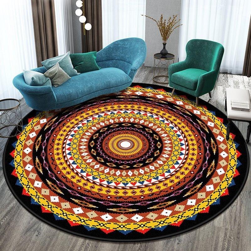 Round Area Rug With Mandala Style Geometric Floral Patterns In Vibrant Colors Boho Chic Style Soft Durable Floor Decor