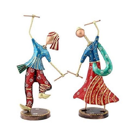 Wrought Iron Showpiece Figurine Playing Dandia Multicolor