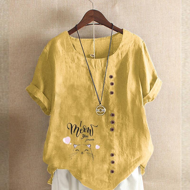 Women's Fashion Cat Letters Prined Short Sleeve T-shirt Loose Cotton Shirt Casual Loose Summer Blouse Tops Plus Size