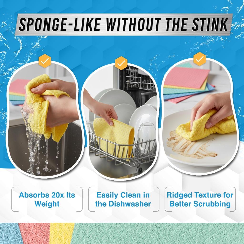 ACTIVE Swedish Dish Cloths for Kitchen 12 Pack Cellulose Sponge Cloth, Washable Dishcloths for Washing Dishes, Original an Dish Towels, Absorbent