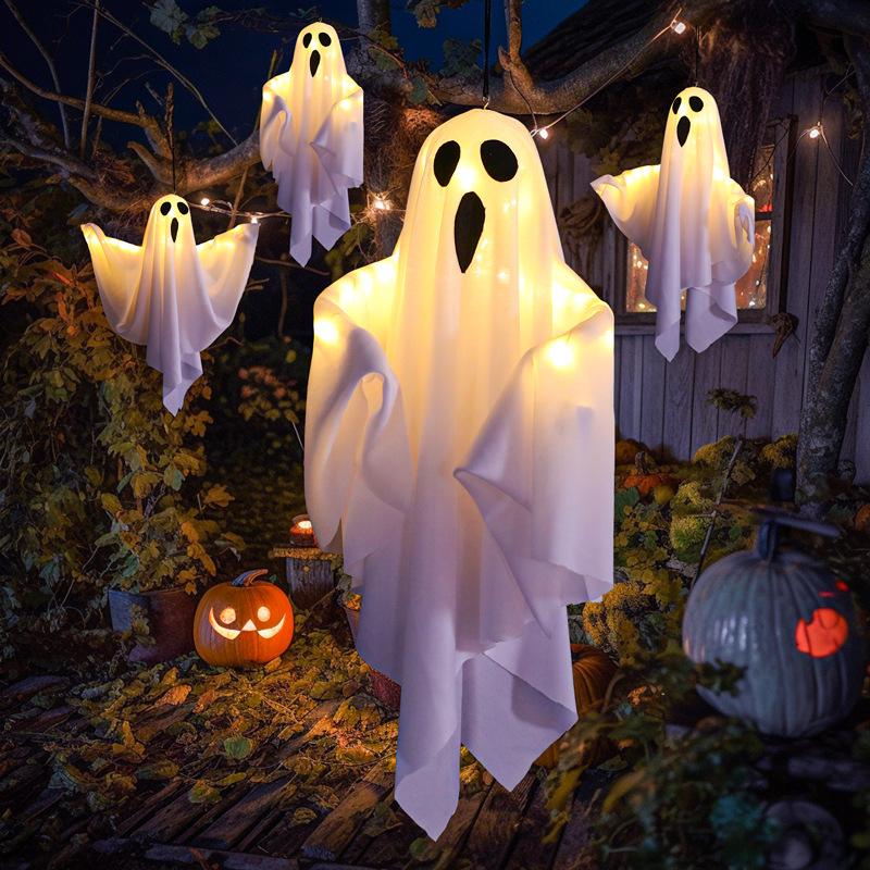 Halloween LED Decoration Light Glowing Ghost Hanging Light Spooky Room Atmosphere Decor Warm White/Multicolor 2-Pack