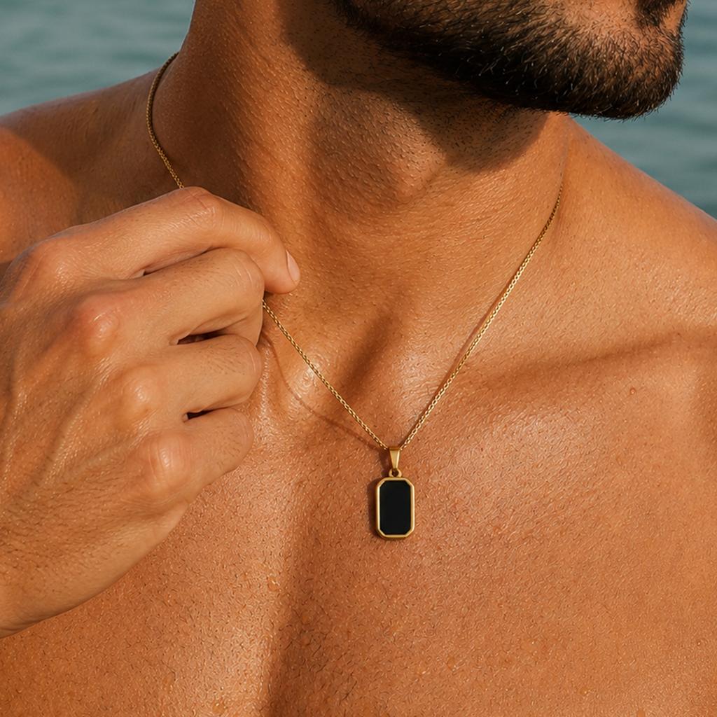 KunJoe 2026 Minimalist Stainless Steel Square Pendant Necklace Men 18K Gold Plated Clavicle Chain Waterproof Non Fading Jewelry