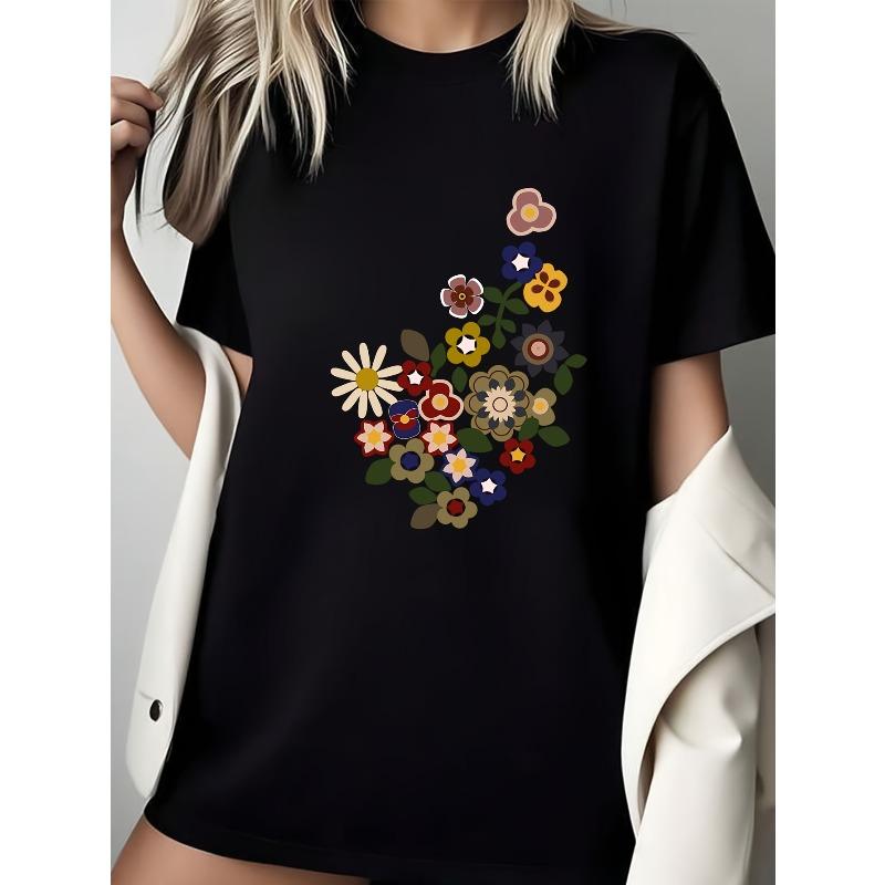 Black Floral T-Shirt Women S Loose Fit Casual Fashion Top S чёрный