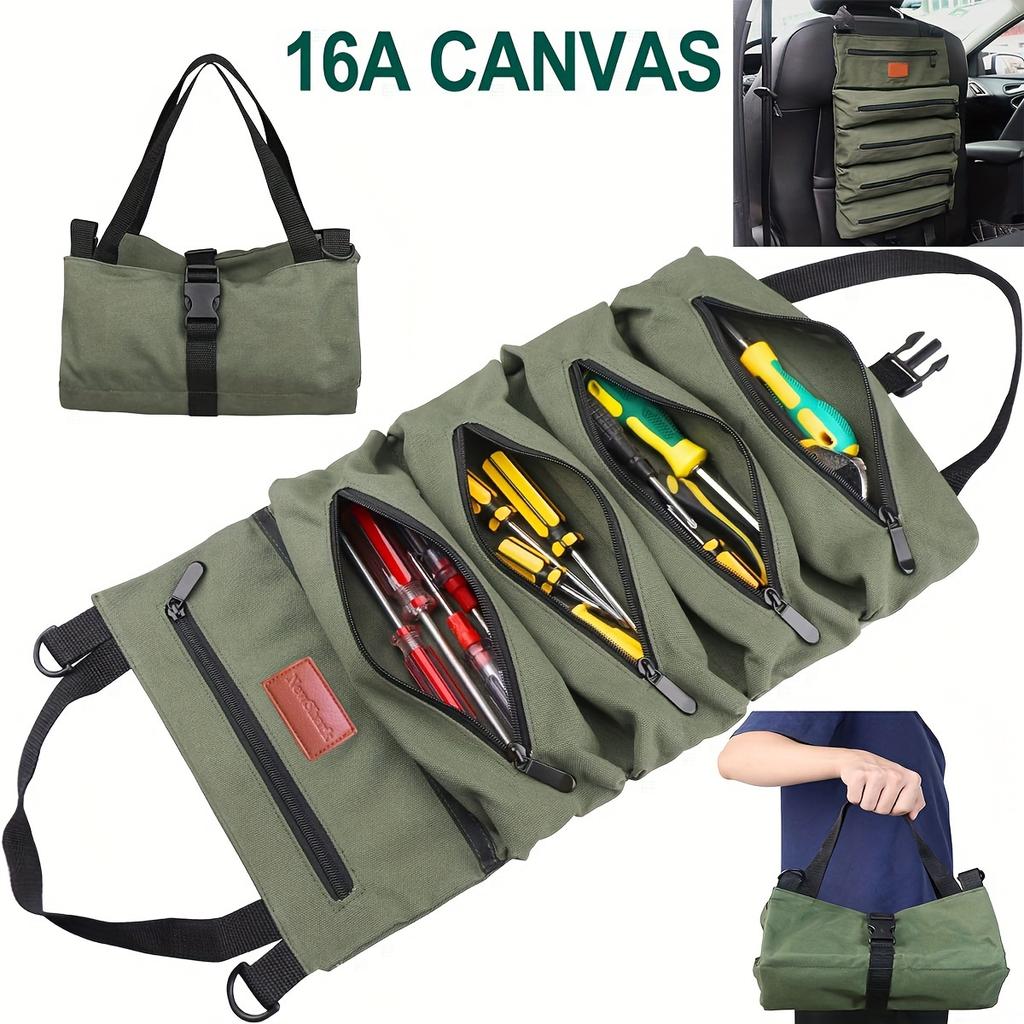 Multi-Purpose Roll Up Tool Bag, Wrench Roll ,Canvas Tool Organizer Bucket,Car First Aid Kit Wrap Roll Storage Case,Hanging Tool