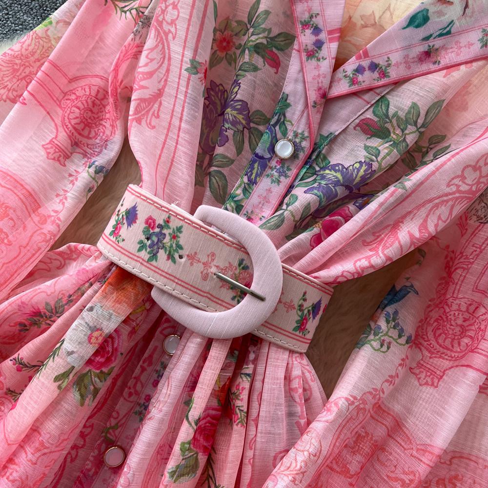 Vintage Women Single Breasted Gorgeous Flower Print Shirt Dress New Autumn Notched Collar Linen Boho Holiday A Linen Mini Dress