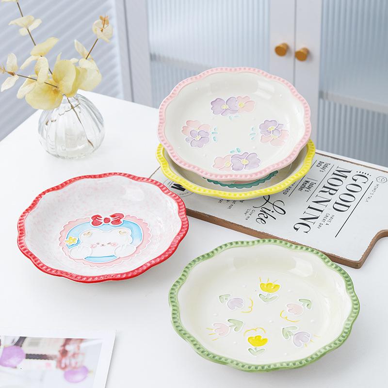 Hand-Painted Relief Ceramic Plate, Household Tableware, Western Food Plate, Pasta Plate, Cute Fruit Plate, Girl Heart Salad Plate