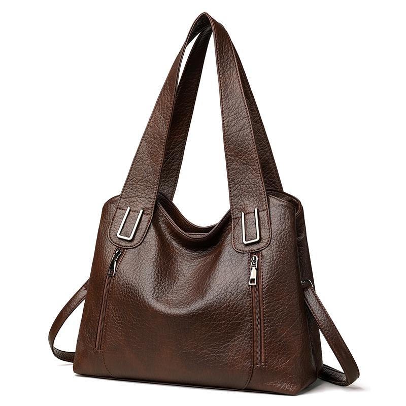 Large Capacity Leather Tote Bag for Women Vintage Shoulder Handbag with Zip Pockets