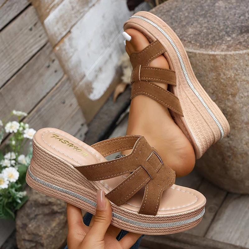 Fashion Thick Sole Wedge Sandals for Women PU Leather Woven Chunky Platform Slippers Woman Summer Thick Sole Beach Shoes Slides