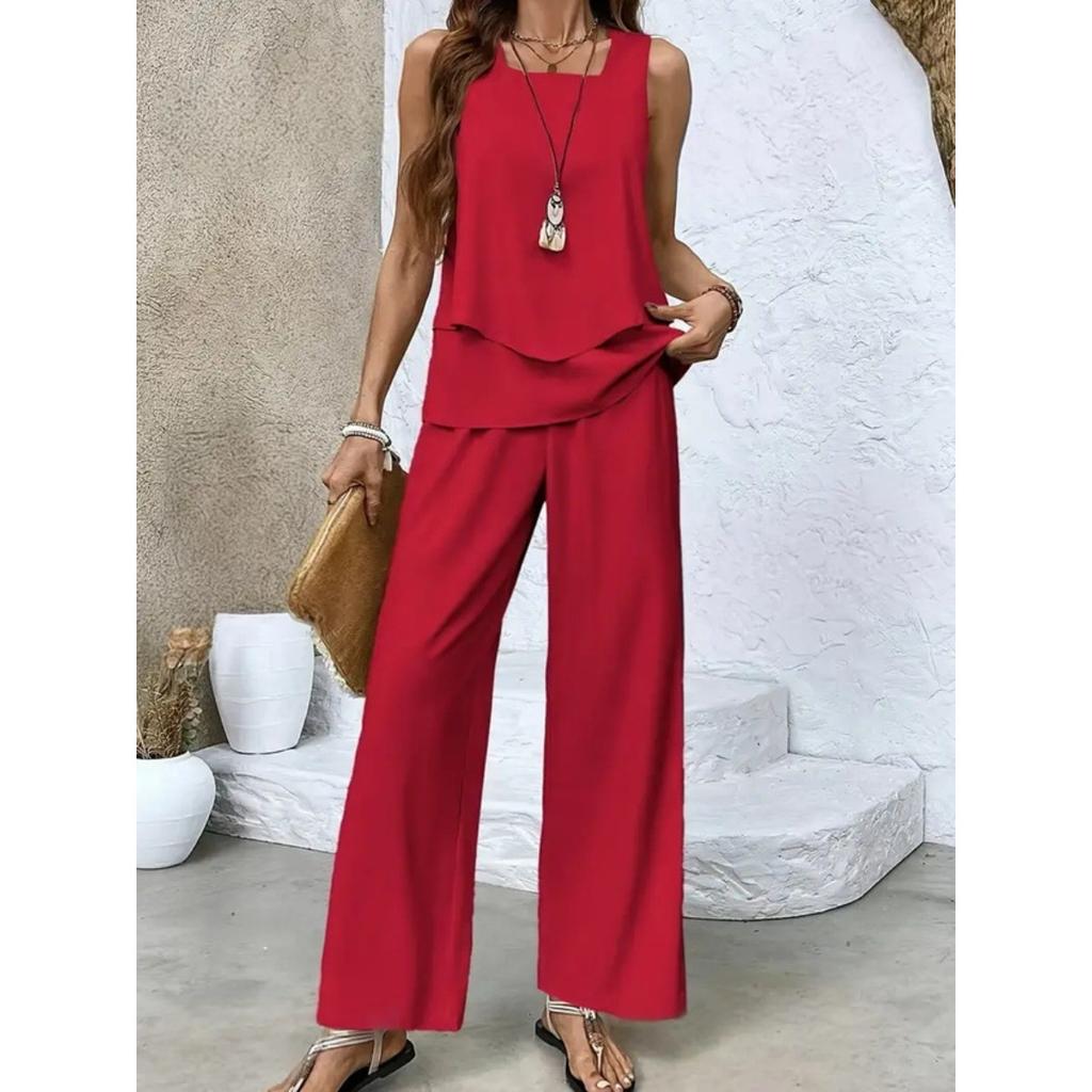 Novedades de Primavera y Verano, Conjuntos Casuales, Estampados de Moda, Ropa de Mujer sin Mangas, Chalecos de Doble Capa, Colores Lisos, Conjuntos Estampados