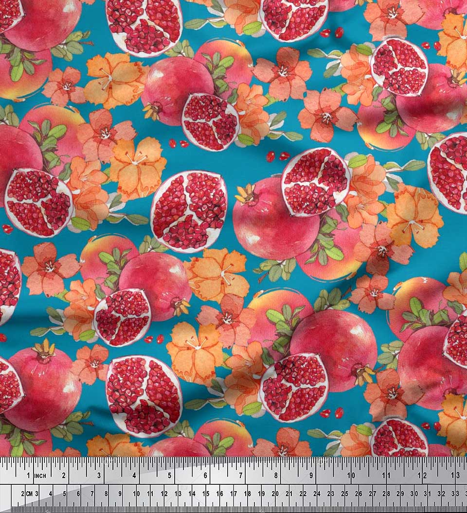 

Тканина з принтом Soimoi Japan Crepe Satin Листя, квіти та гранатові фрукти 1 метр 42 дюйма 42 Inch Wide - Poly Crepe зелений