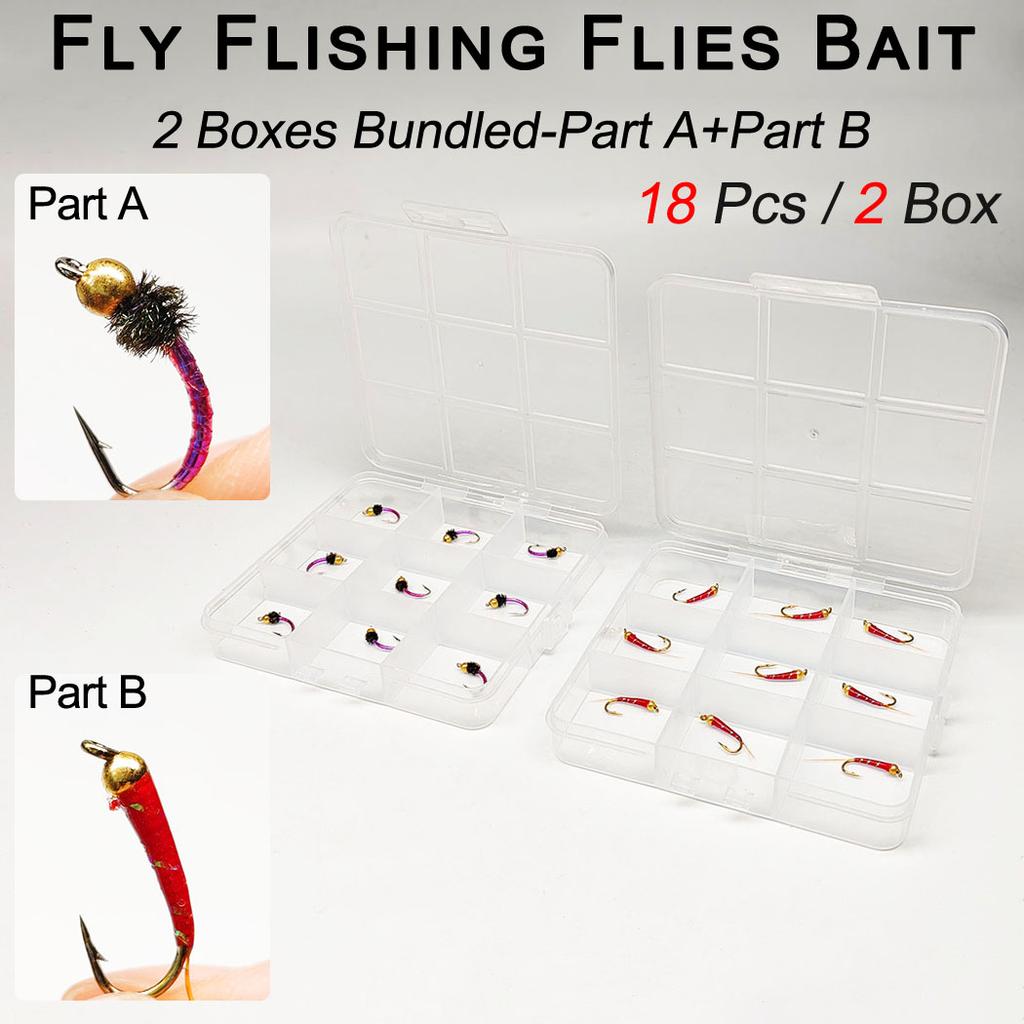 18Pcs-2 Boxs Bundle Fly Fishing Flies 2 different styles Wet Flies Bait for Flishing Trout/carp Artificial Lure Accessories (with Flies Box)