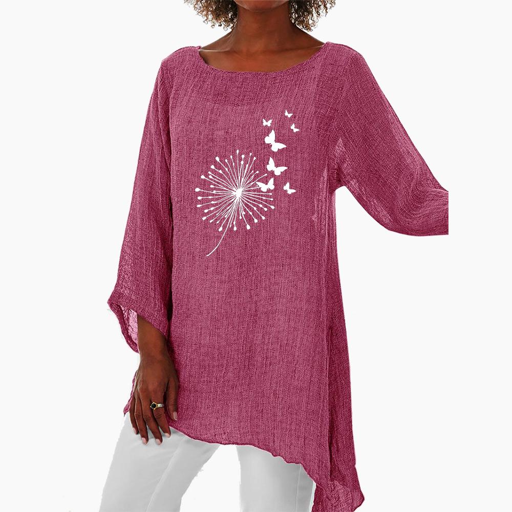 Frauen Casual Print 3/4 Langarm Dünne Top Mode Lose Hemd Plus Größe Rundhals Leinen Hemd