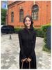 Elegant French Black Knit Long-Sleeve Dress for Women - Early Autumn, Waist-Cinching, Perfect Inner Wear or Base Layer Skirt