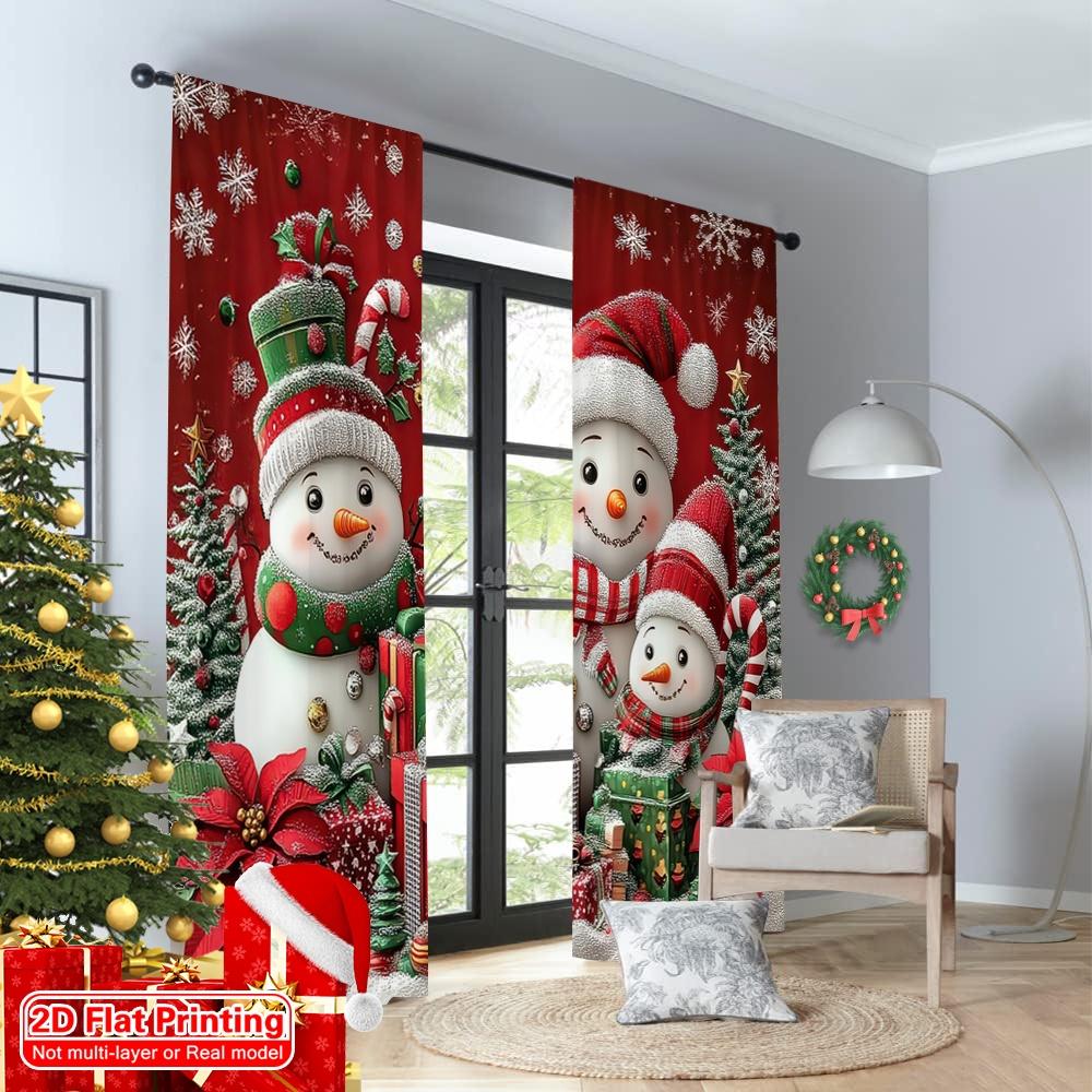 2D Flat Printing 2pcs Merry Christmas Curtains Snowman1 Machine Washable Polyester Without Electricity Birthday Party Use for