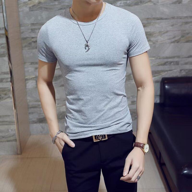 

Новая футболка с коротким рукавом, мужская летняя футболка в корейском стиле, модный простой топ с коротким рукавом, свободная повседневная футболка в гонконгском стиле 4XL светло-серый