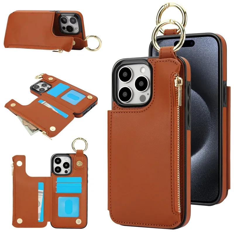 Ring Zip Wallet Card Leather Phone Case For iPhone 16 Pro Max 15 14 Plus 13 12 Mini 11 XS XR X SE 8 7 Flip Stand Cover Etui