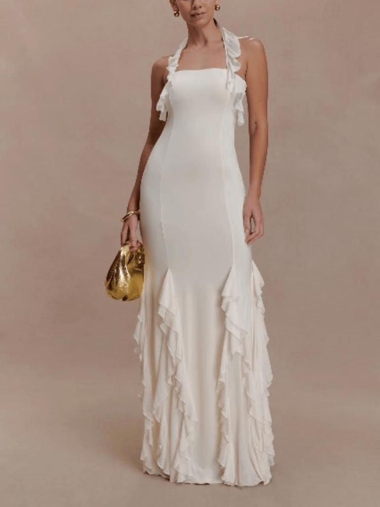 Women s Halter Neck Ruffle Backless Party Dress - European & American Style XL