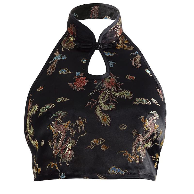 

Женская сексуальная майка без рукавов и выреза с открытой спиной и вышивкой дракона M чёрный