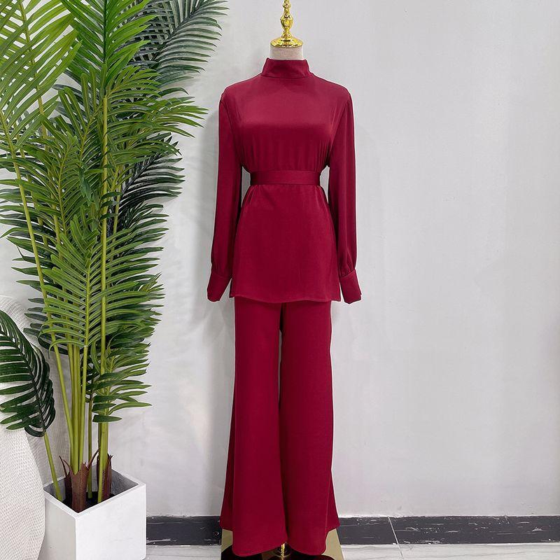 

2023 New Arrival Fresh Shoelace Pure Color Top and Trousers Suit Lace up Top Long Pants Suit Wine Red XL