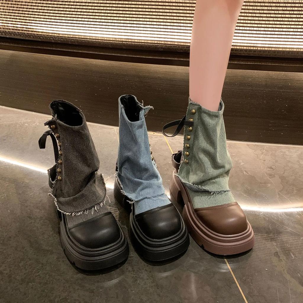 Cizme de damă Modă britanică Cizme până la picior Pantaloni Noi cu talpă groasă Nit Fermoar Cataramă de curea Platformă Antiderapante Cizme scurte cowboy