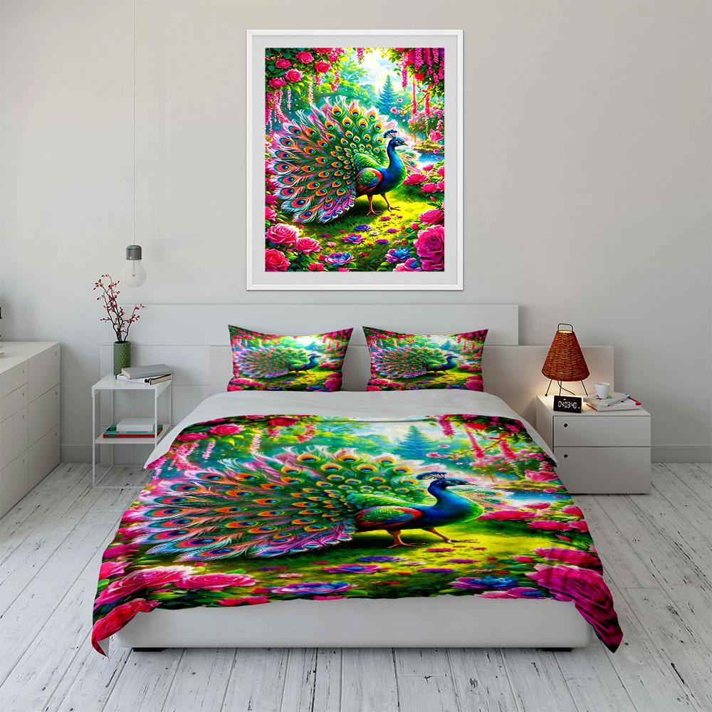 3pcs Peacock Rose Pattern 1 Duvet Cover+ 2 Pillowcases,Fashionable and soft Bedding set, Skin-Friendly, Suitable for Bedrooms