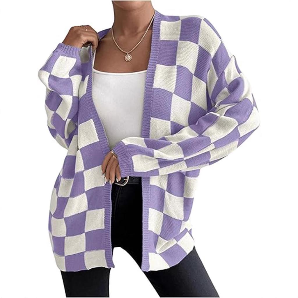 2025 Autumn/Winter New European & American Plaid Knit Oversized Women's Cardigan Sweater