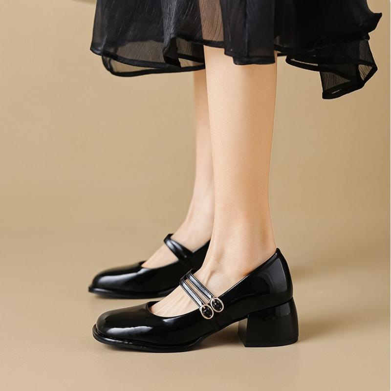 Autumn And Shallow New Spring Mouth French Retro Red Chunky Heel Anklestrap Womens Leather Shoes
