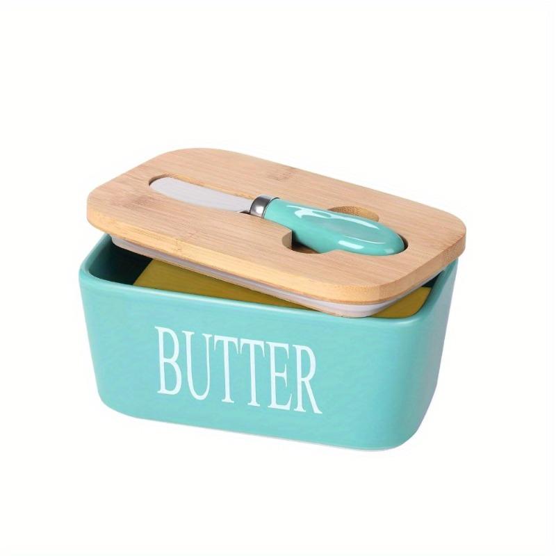 Large Ceramic Butter Dish with Wooden Lid Stainless Steel Knife Bamboo Cover Silicone Seal Kitchen Storage