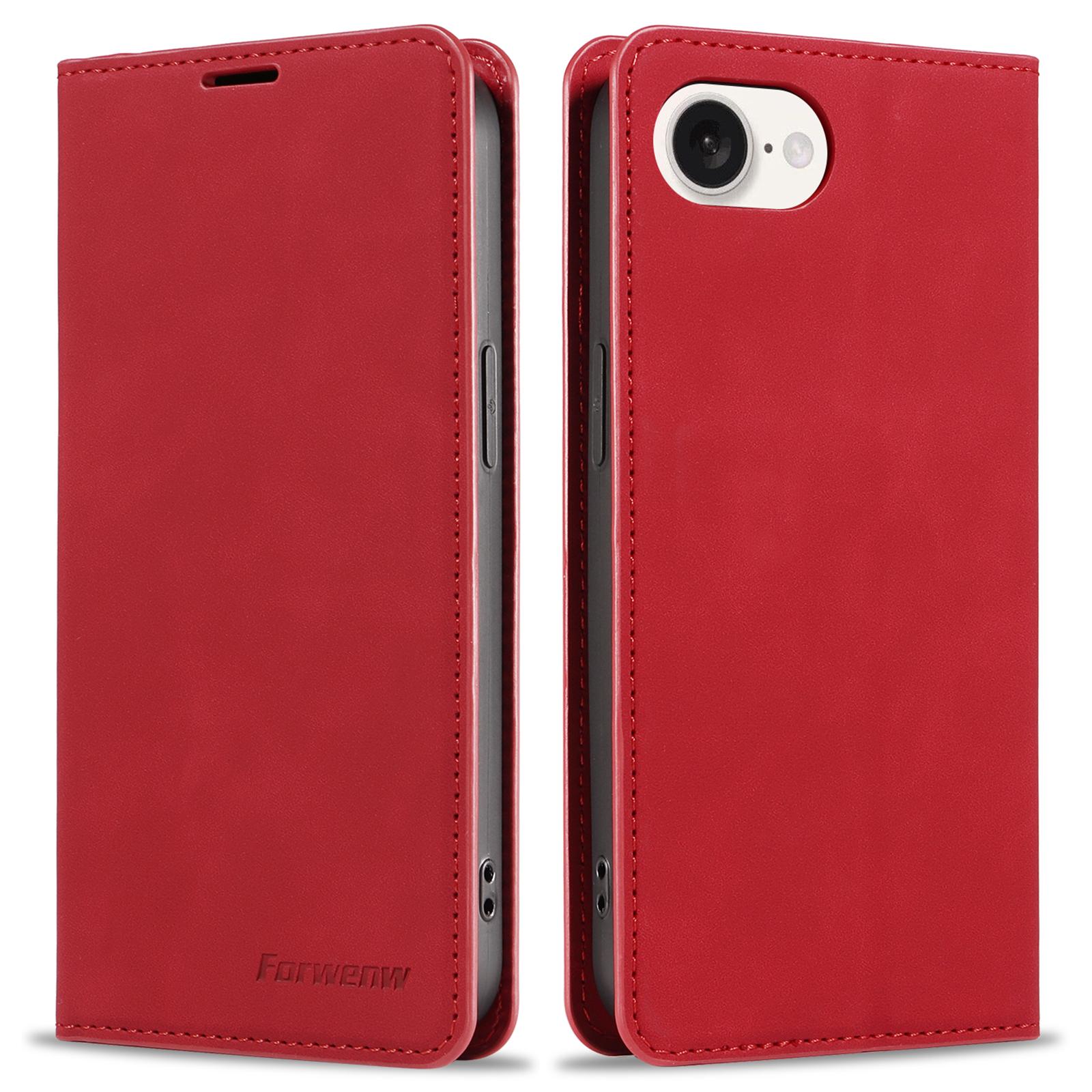

FORWENW Fantasy Series for iPhone 16e Case Skin-Touch Leather Magnetic Absorption Phone Cover Red