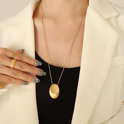 Simple Smooth Oval Pendant Long Necklaces For Women Stainless Steel Gold Copper Color Women's Sweater Chain Fashion Zircon Gift