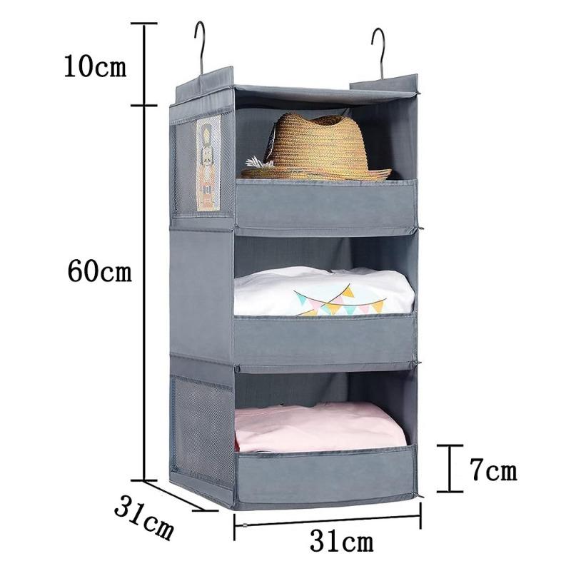 3 Floors Hanging Wardrobe Organizer with Partitions Mesh Pockets Washable Oxford Fabric Storage Bag for Clothes