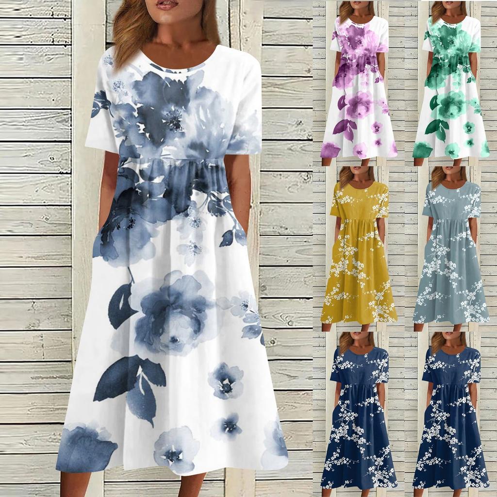 Fritidskjoler for kvinner Trykte kjoler Sommerkjoler Trykt plisserte midikjoler Basic Classic Outdoor Daglig Kortermede løse kjoler